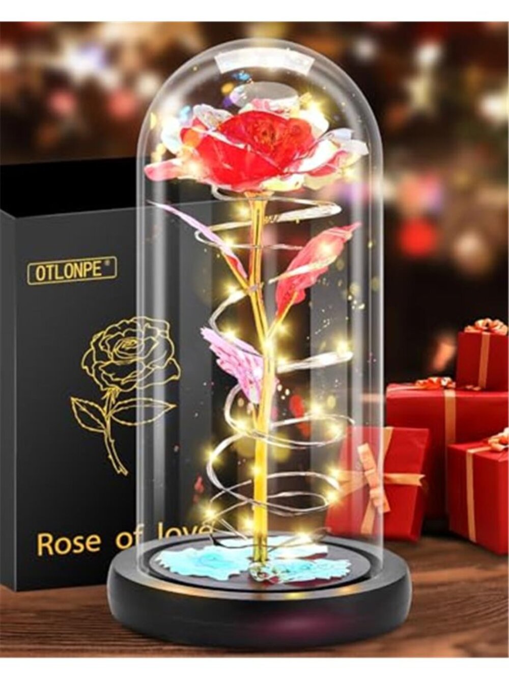 Forever Rose in Glass Dome LED Light Preserved Flower Romantic Gift Decor